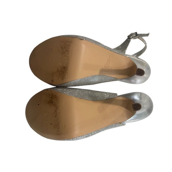 Silver Glitter Peep Toe Slingback Stiletto Heels 9M Fabric Upper Bonded Leather - Picture 5 of 7